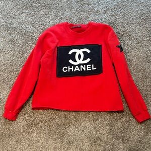 Red Crewneck Cropped Sweater with Black Logo Patch